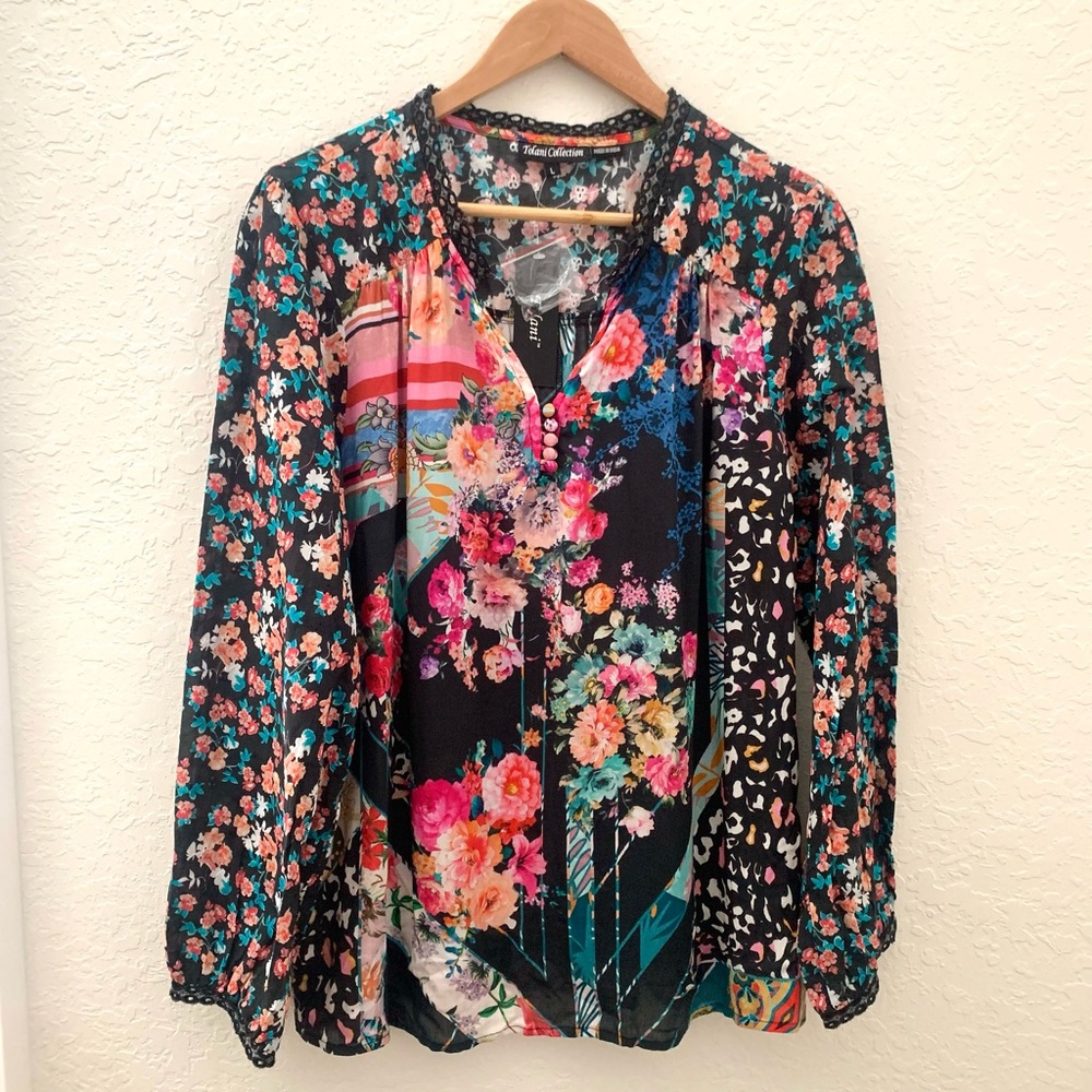 NWT Anthro Ardella Black Floral Eyelet Lace Trim Top Blouse